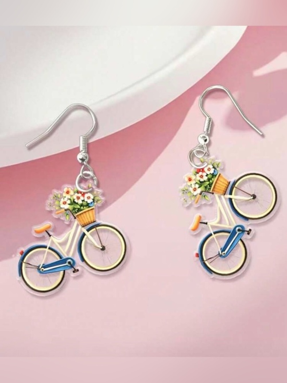 Whimsical Bicycle Flower Basket Dangle Earrings